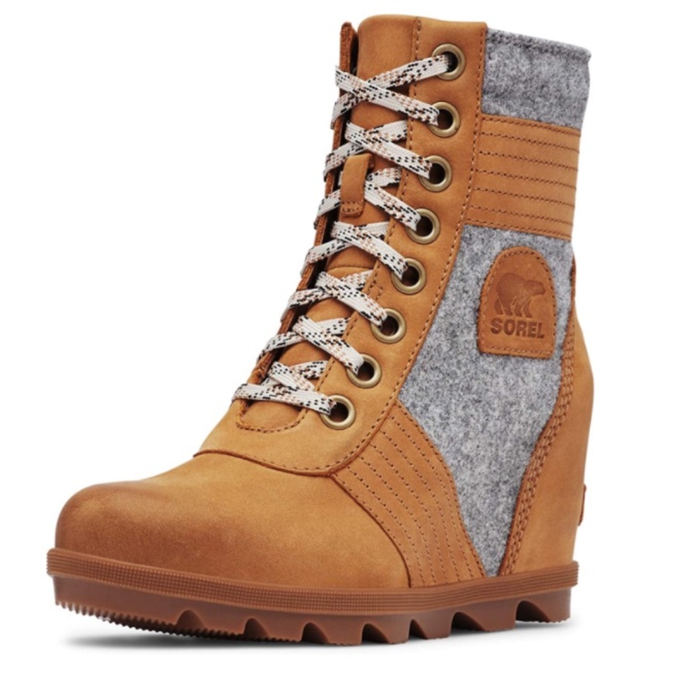 New! Sorel Lexie Wedge Lace Up Waterproof Leather Felt Boot - Camel Brown & Gray - Picture 4 of 11